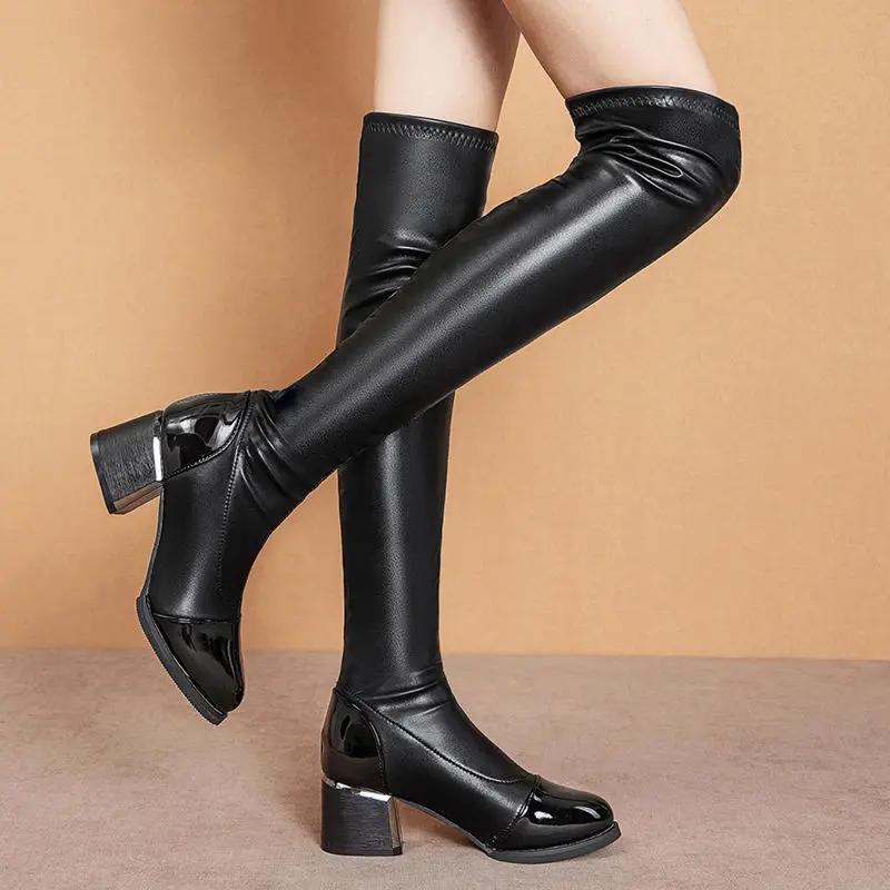 Elastic Ladies Knee High Shaft Shoes Heels Leather Women's Long Boots Elegant Heeled Spring Autumn Y2k 2024 Chic Large Size Warm