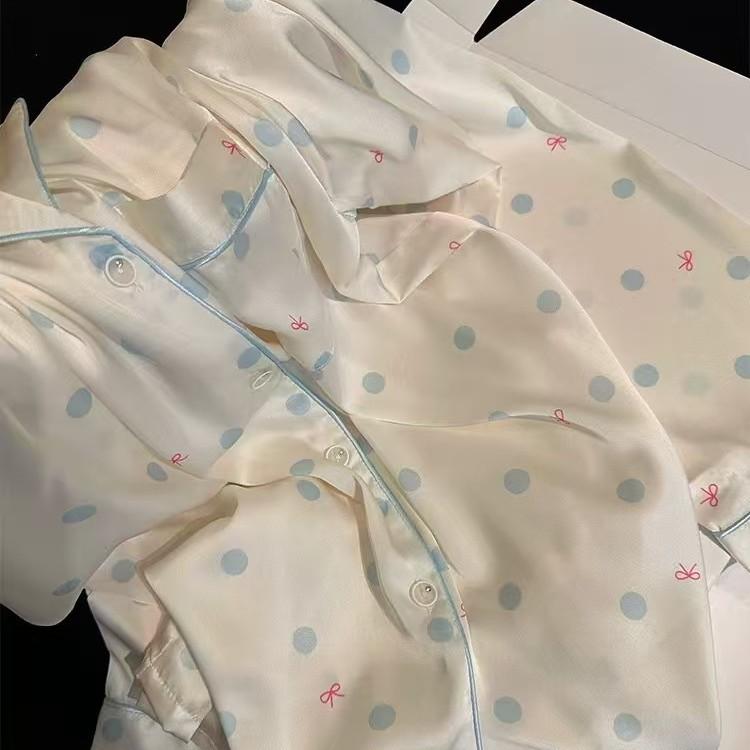 [Mint Polka Dot Bow] Spring and Autumn New Pajamas Women's French Sweet Polka Dot Pure Desire Premium Simple Set