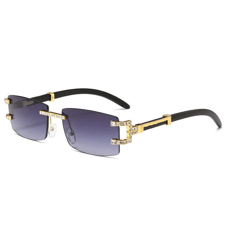Sunglasses Frameless Square Small Frame Sunglasses Diamond-Encrusted Men'S Wood Grain Foot Glasses