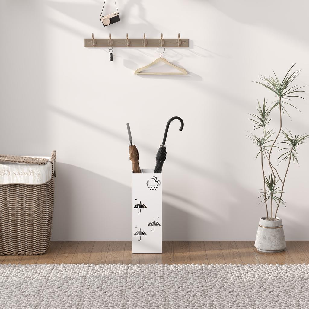 Steel Umbrella Stand With Drip Tray Hooks For Folding Umbrellas And Decorative Design 15.5x15.5x41 Cm White