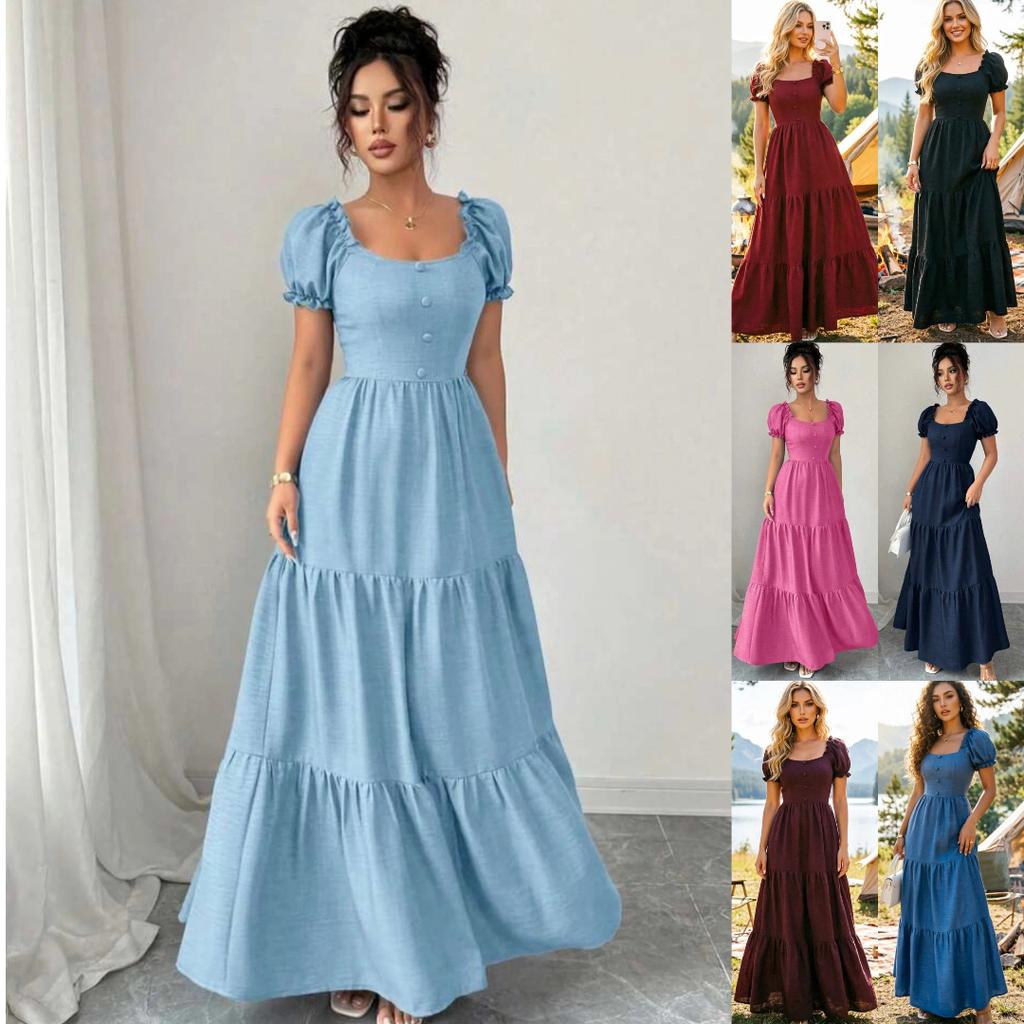 Summer Vacation Solid Color Maxi Dress Square Neck Puff Short Sleeve Tiered Ruffle High Waist Casual Long Beach Holiday Dress