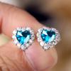Real S925 Sterling Silver Aqua Blue Green Red Pink Heart Zircon Stud Earrings for Women Fashion Wedding Jewelry