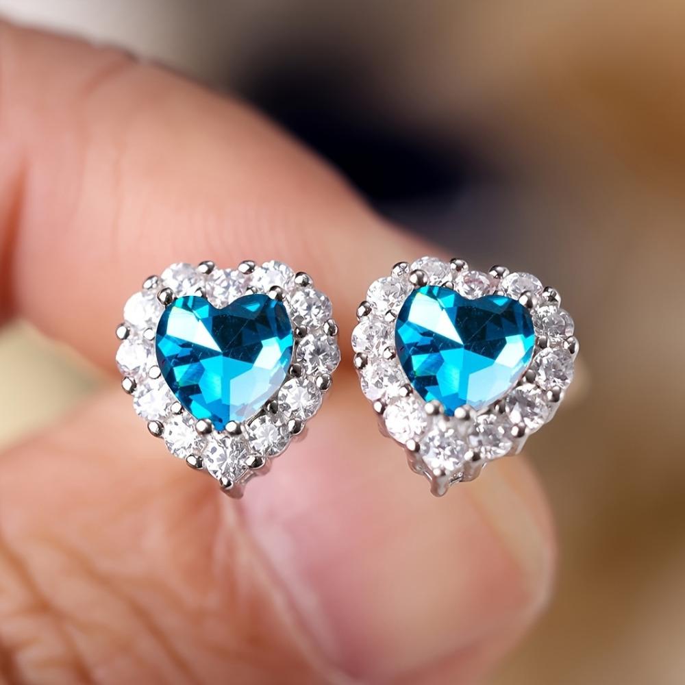 Real S925 Sterling Silver Aqua Blue Green Red Pink Heart Zircon Stud Earrings for Women Fashion Wedding Jewelry