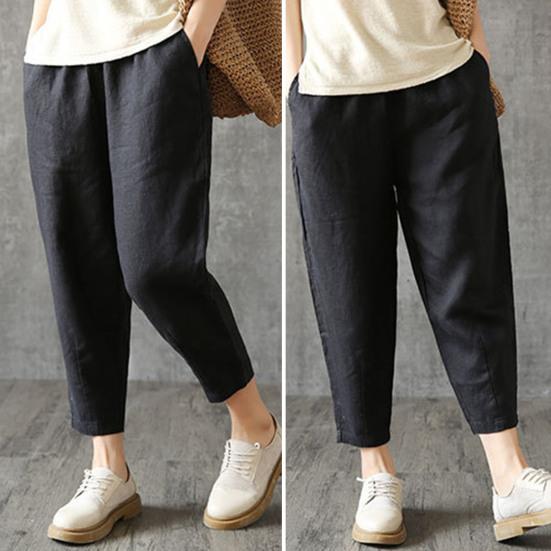 Women Harem Pants Solid Color Loose Fit Slacks with Pockets Elastic High Waist Retro Casual Trousers Streetwear