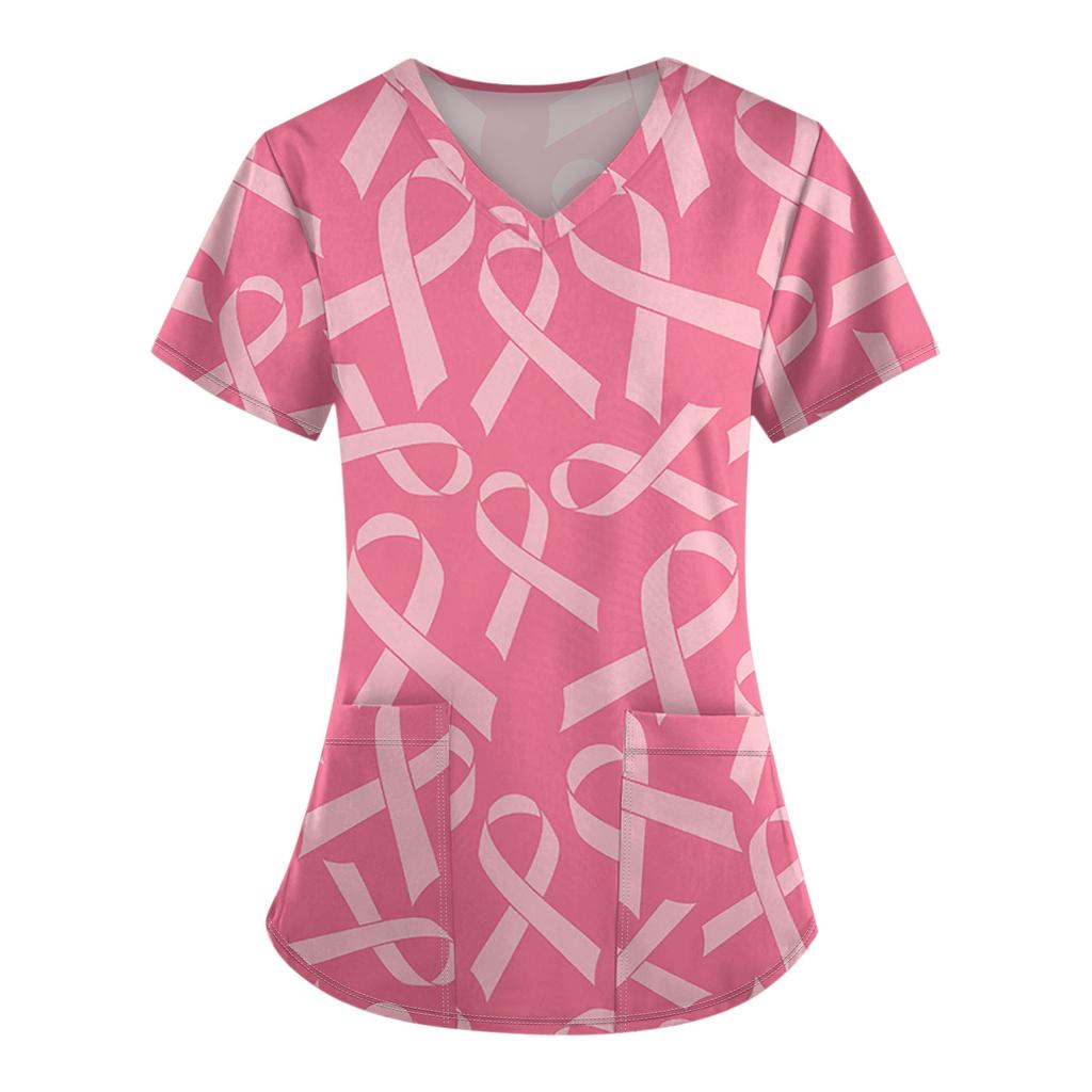 Женская модная рабочая одежда с v-образным вырезом и коротким рукавом с карманной футболкой с принтом.