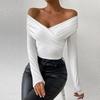 2024 Европейский и американский осенне-зимний женский сексуальный топ с глубоким V-вырезом, длинным рукавом, плиссировкой и открытыми плечами