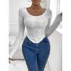 Fashion Elegant Long Sleeve Pleated Sexy Women T-Shirt Slim Fit New Crew Neck Curved Texture Office Crop Blouse Spring and Autumn Irregular Shirt Tops