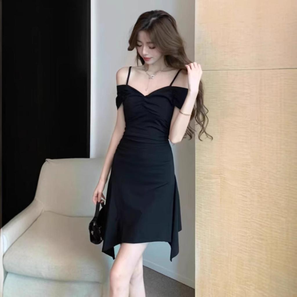 Irregular suspender A-word skirt year summer women's clothing black sexy V-neck off-the-shoulder waist and thin dress