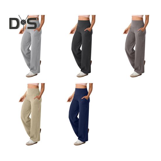 Women Yoga Pants Solid Color High Waist Wide Leg Sport Pants with Pockets Tummy Control Straight Leg Dress Pants