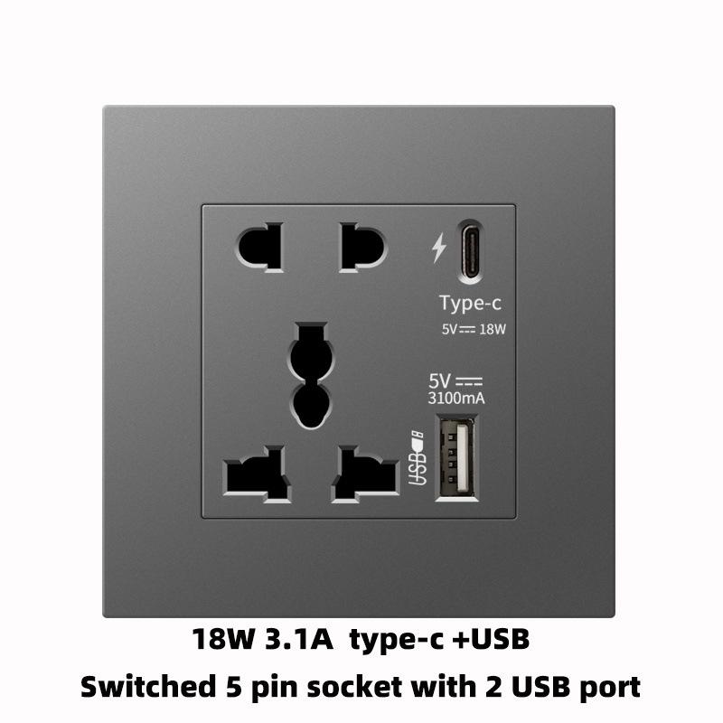 Британский стандарт Серая панель 86 Розетка 13A с быстрой зарядкой USB-C для Гонконга и Макао