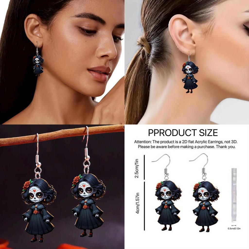 Themed Black Halloween Skull Rose Girl Four Pattern Women Acrylic Earrings
