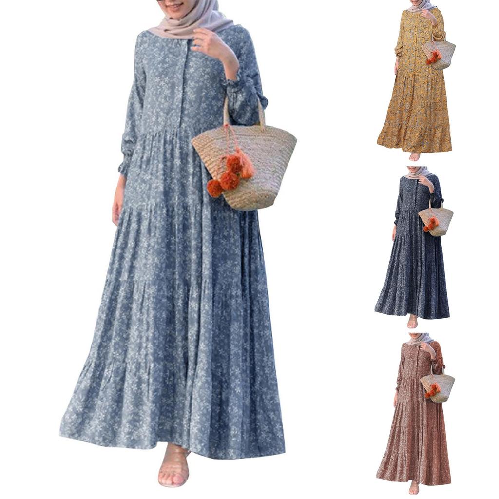 Womens Layered Floral Printed Full Sleeve Muslim Casual Long Dresses