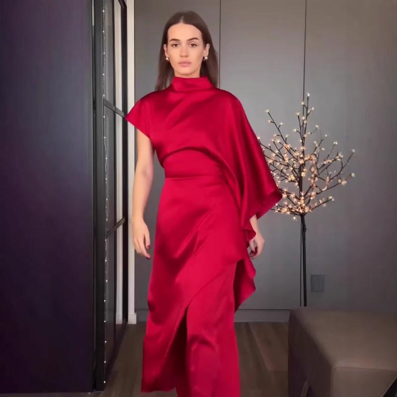 2026 Womens Elegant Slim Fit Satin Two-Piece Set Off Shoulder Top Long Pants Outfit