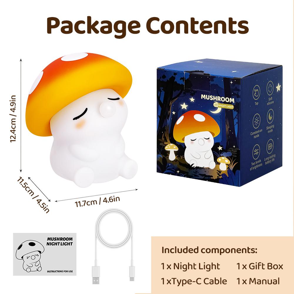 Squishy Mushroom Night Light With RGB Color 2 Brightness Adjustable Nursery Nightlight Rechargeable Silicone Touch Bedside Lamp