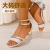 New Thick Heel Open-toed Sandals Women's 2025 Summer One-word Buckle Strap High Heel Sequins Women's Shoes Fashion Sandals Silver
