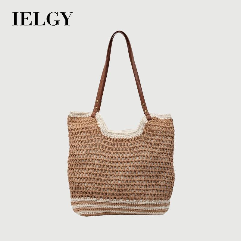 IELGY Hand-Woven Bag Beach Vacation One-Shoulder Large-Capacity Tote