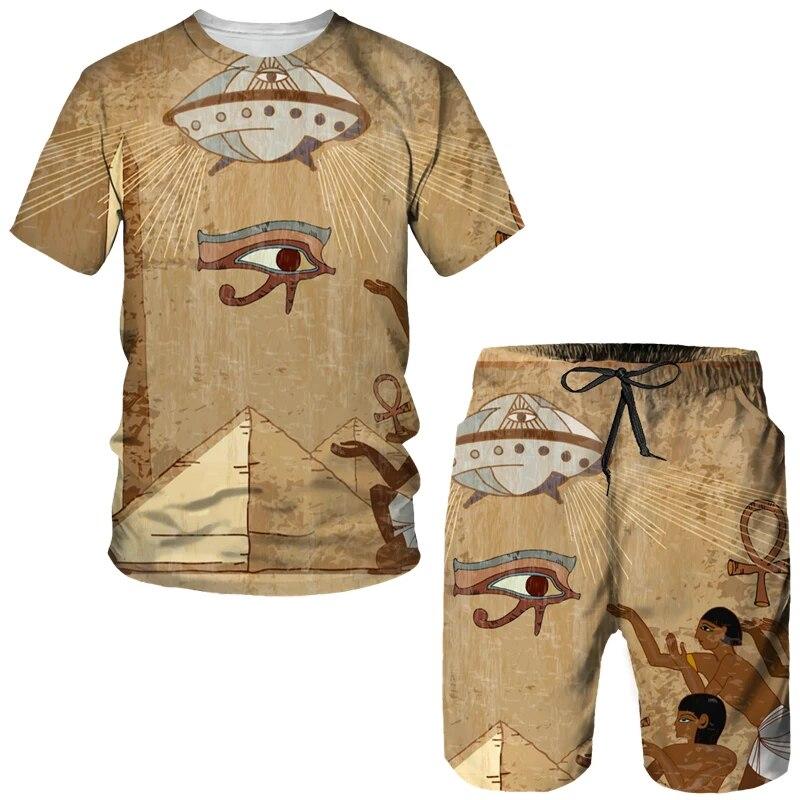 Мужская спортивная одежда из двух предметов, древнеегипетская футболка с 3D принтом, шорты фараона, уличная одежда для пар, летняя новинка
