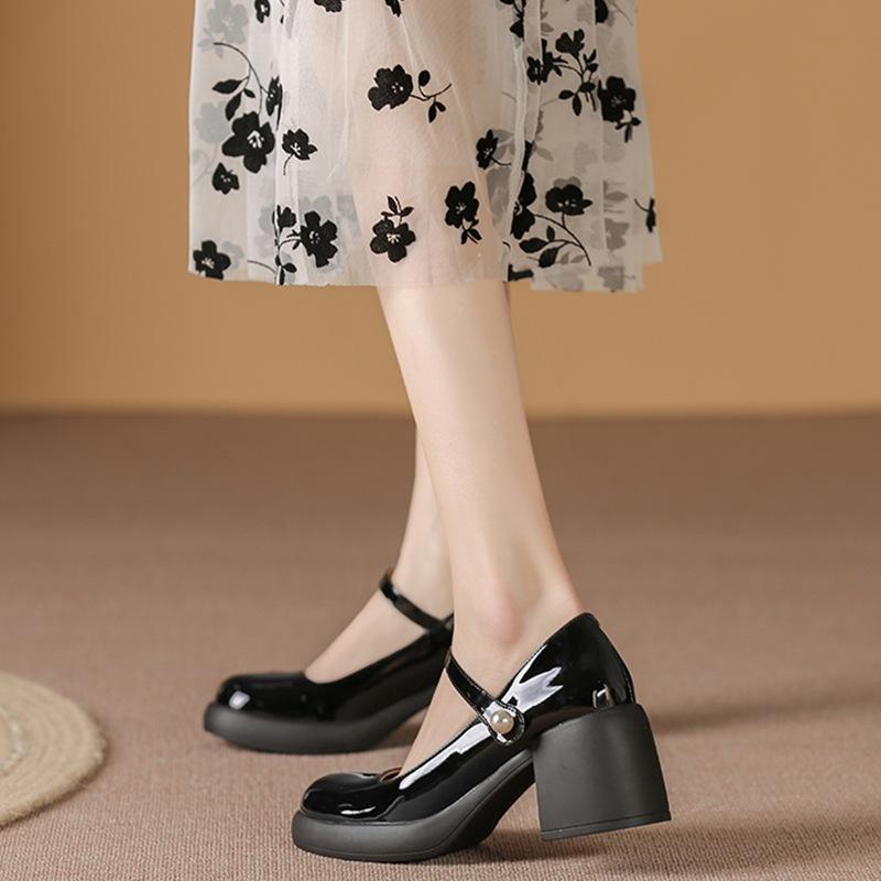 Genuine Leather~ Mary Jane Thick Heel Single Shoes Women's Pearl French Retro High Heels One Word with Shallow Mouth Fairy Shoes College