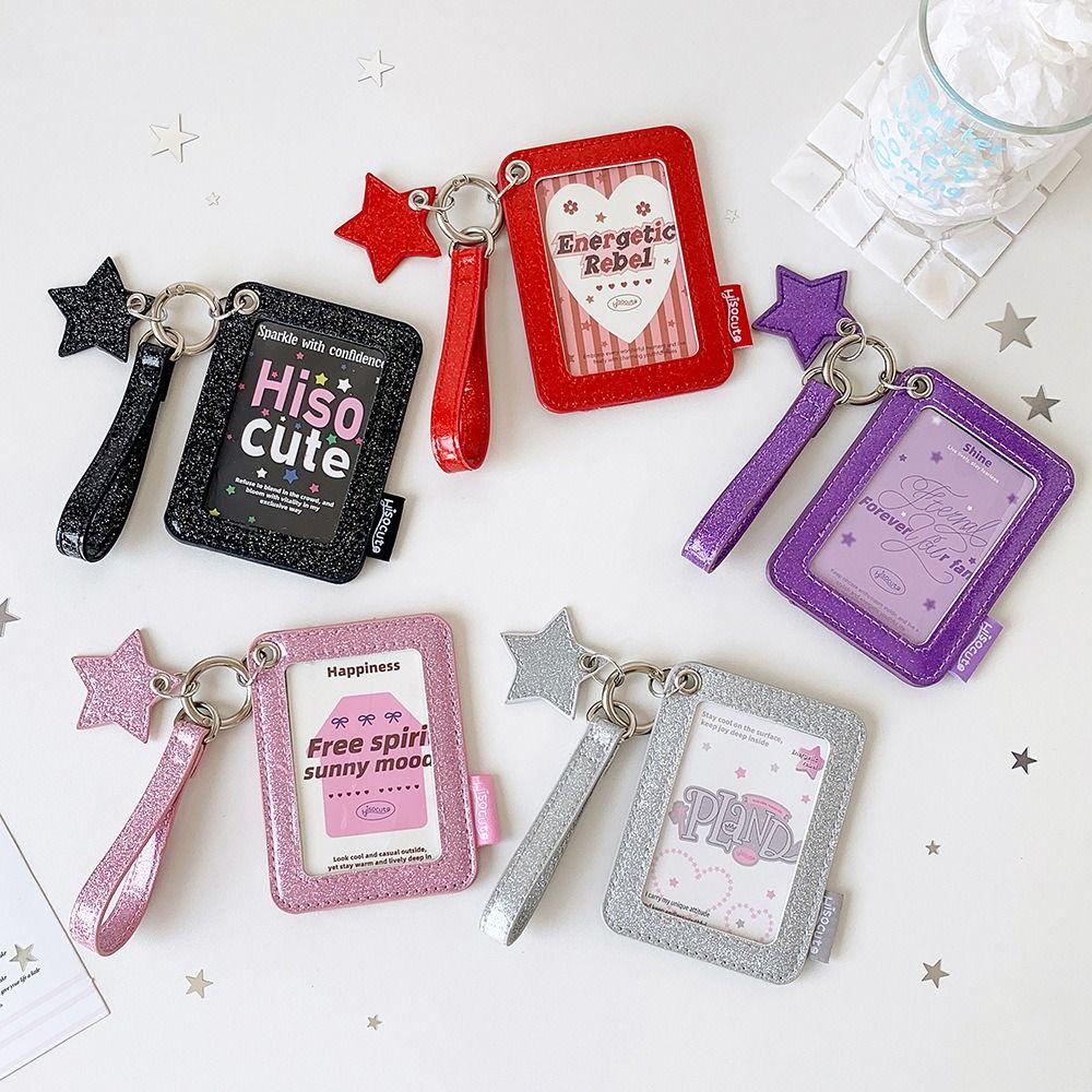 Shiny Star Charm Photocard Case Glitter PU Keychain Bag Pendant Stationery Supplies