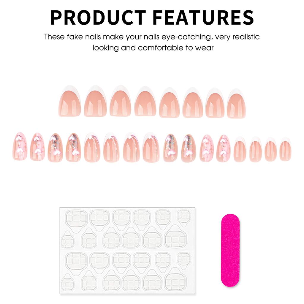 24Pcs French White 3D Heart Design False Nails for Women Manicure Use