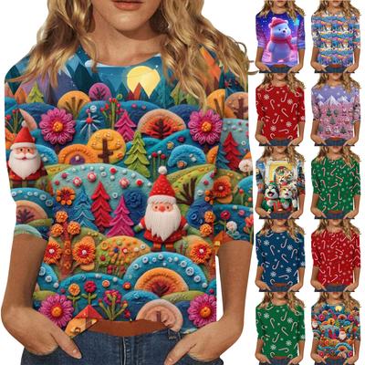Женская модная и повседневная футболка с рукавом три четверти и рождественским принтом, с круглым вырезом