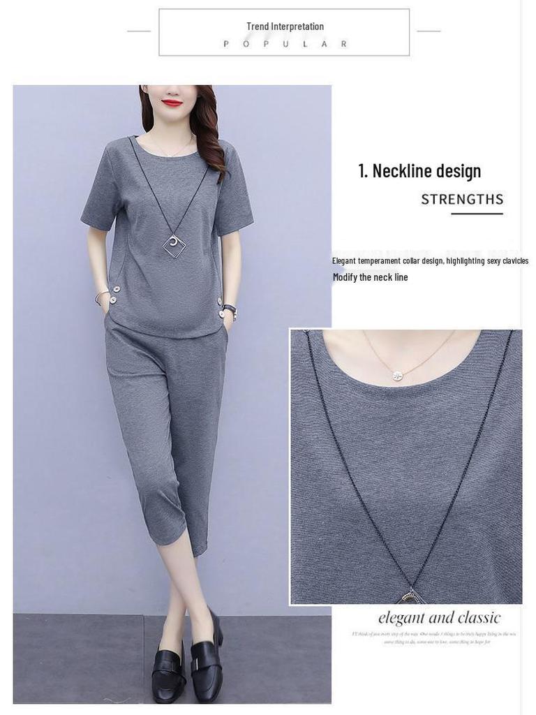 Модный женский летний костюм-двойка больших размеров: Футболка с коротким рукавом и укороченные брюки