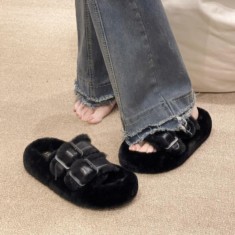 2025 Winter Warm and Velvet Outer Wear Fluffy Slippers Women's Versatile Thick Bottom Comfortable One-character Cotton Slippers