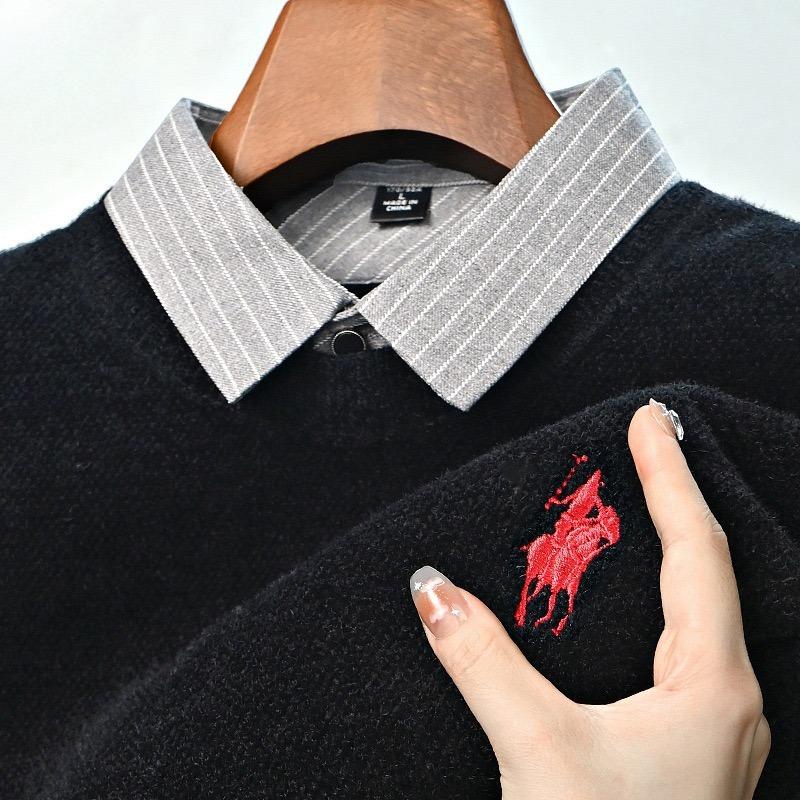 TrendHub Дизайнерское Качество Мужской Лацкан Поддельный Двойка Длинный Рукав Новая Вышивка Футболка Мода Бизнес Мужская Одежда