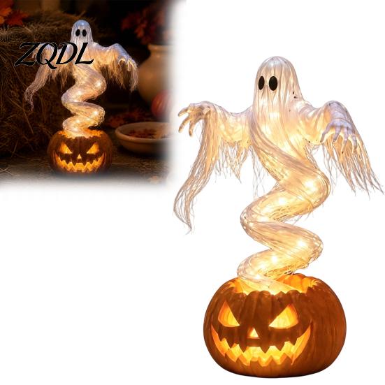 Illuminated Ghost Patio Ornaments Halloween Swirling Pumpkin Yard Lamp, Lighted Spooky Outdoor Decorations Statue, Warm LED Decoration for Porch