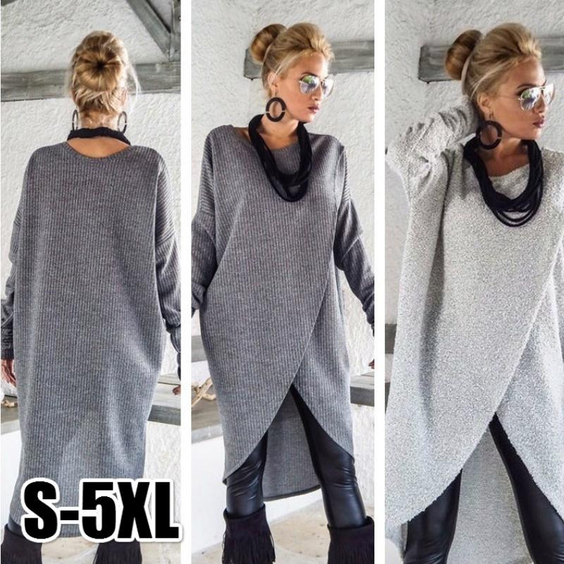 Women Sweater Dress Long Sleeve Pullover Front Slit Knitted Blouse Tops Sweaters Plus Size S-5XL