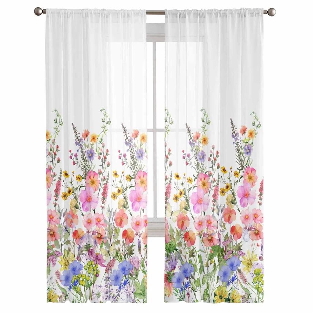 Цветочная акварель ручная роспись прозрачные шторы для гостиной, кухни, оконные шторы, тюлевые занавески для спальни, вуали