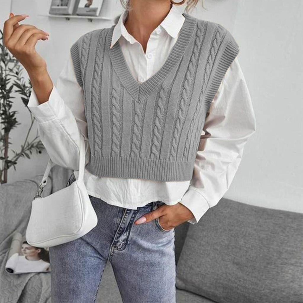 Women's Casual V-Neck Pullover Shirt Collision Color Sleeveless Sweater Vest