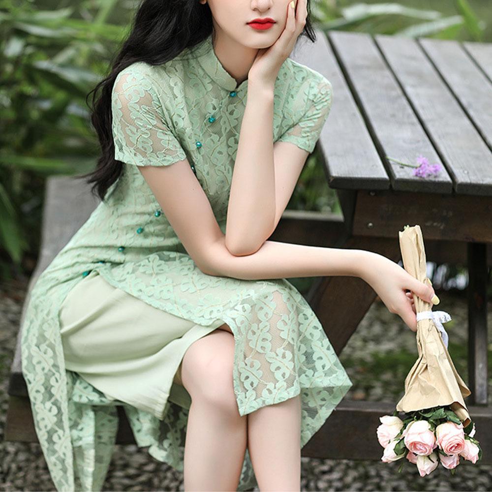 Кружевное повседневное платье Cheongsam средней длины с низким вырезом, облегающее платье больших размеров в китайском стиле Ao Dai