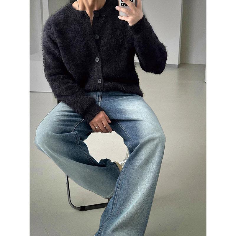 Мужской мягкий пушистый белый вязаный кардиган - Корейский стиль, Удобный и теплый, Круглый вырез, Свободный крой