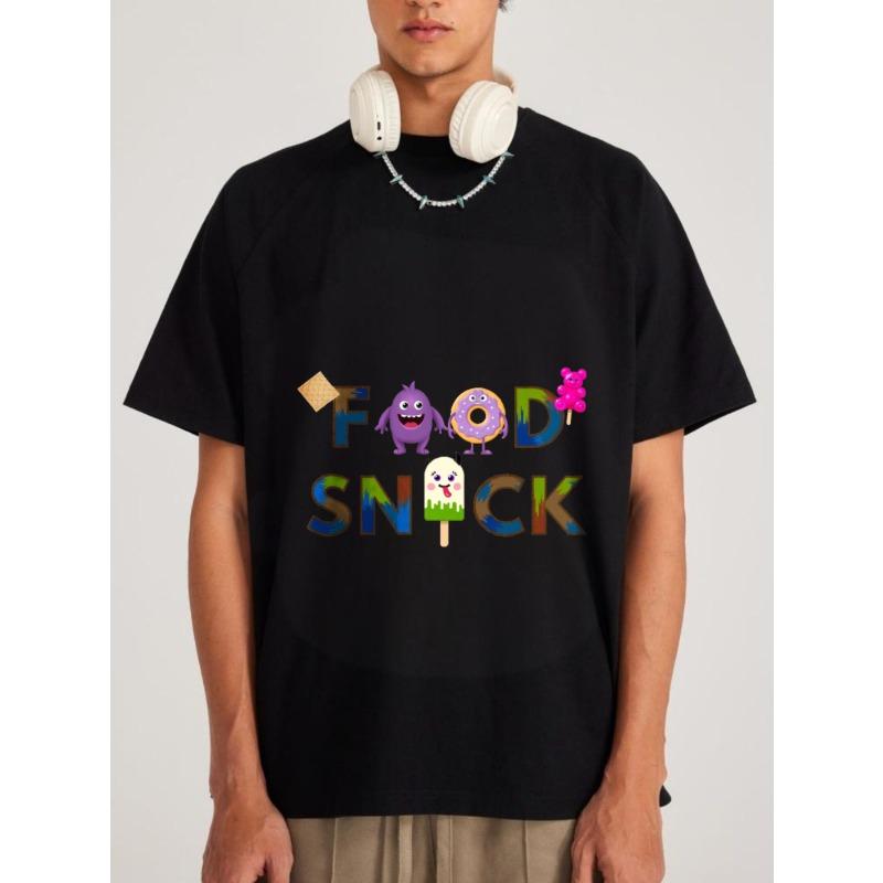 Cotton T Shirt White Food Snack Cartoon Characters and Text Design Casual Wear for Men and Women Daily Outfits Streetwear Style