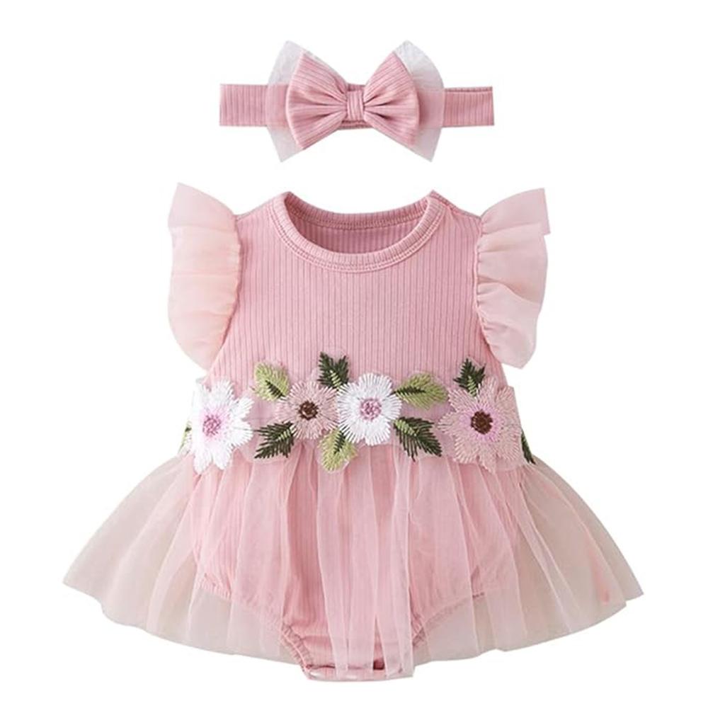 Новое сетчатое платье для девочек, модный милый цветочный комбинезон с летящими рукавами, аксессуары для волос