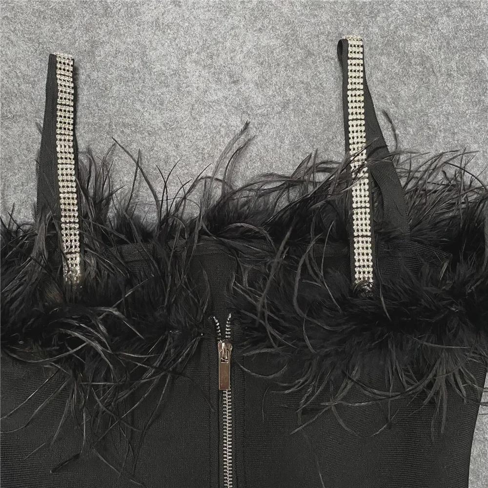 «Сексуальное платье-бандаж миди с разрезом и перьями в стиле знаменитостей из Европы и Америки с бриллиантами»