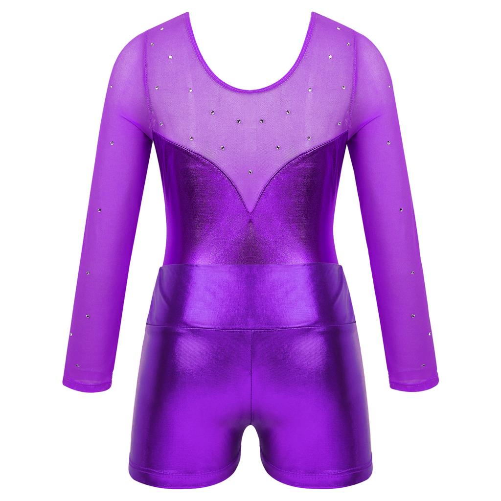 Детский комплект танцевальной одежды для девочек, купальник с длинными рукавами и круглым вырезом, блестящий декор со стразами, комбинезон и шорты