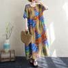 2025 Summer Plus Size Dress Beach Casual Basic O-Neck Women Loose Vintage New Printing Long Dress Maxi