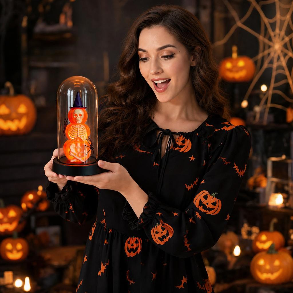 Halloween Skeleton Night Light Glass Pumpkin Lamp with Wooden Base for Bedroom Home Decor Gift