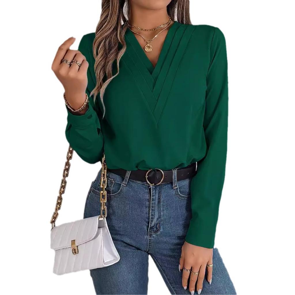 GMXIA Elegant Solid-color Layered V-neck Long-sleeved Women's Shirt for Autumn and Winter