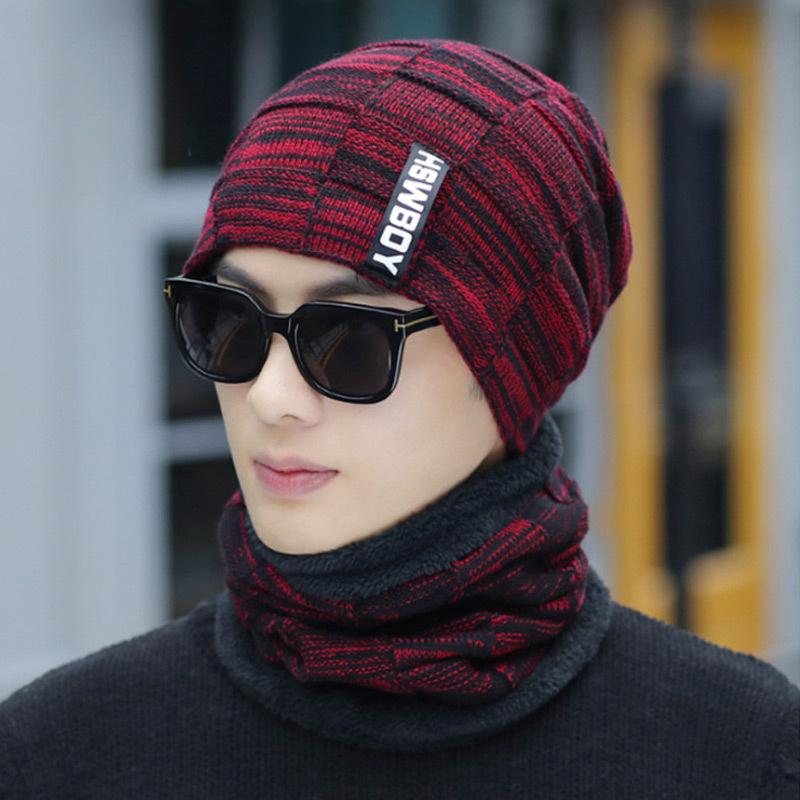 Men's Fleece Knitted Scarf Hat 2-piece Set Trendy Women's Warm Wool Hat Winter Student Cycling Cold