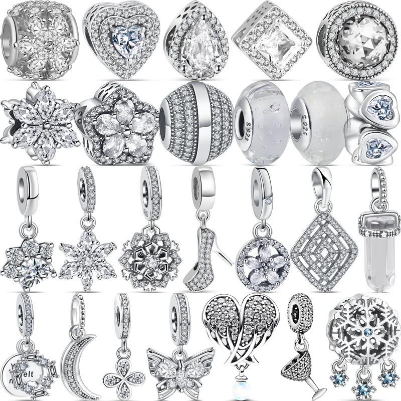 Медь 925 пробы Прозрачный циркон Снежинка Гербарий Крылья ангела и Сердце Сверкающие бусины Подходят для оригинального браслета Pantaro с шармами DIY Циркон