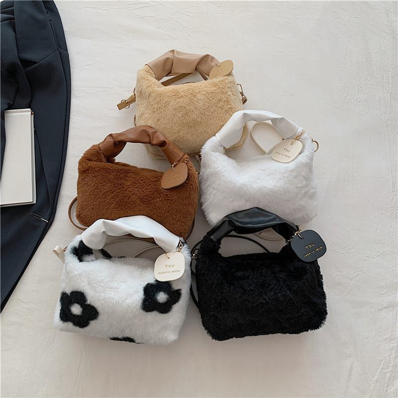 Yogodlns Women Faux Fur Plush Handbags Ruched Handle Small Lady Shoulder Crossbody Bag Casual Half-Moon Hobos Winter Bags for Women