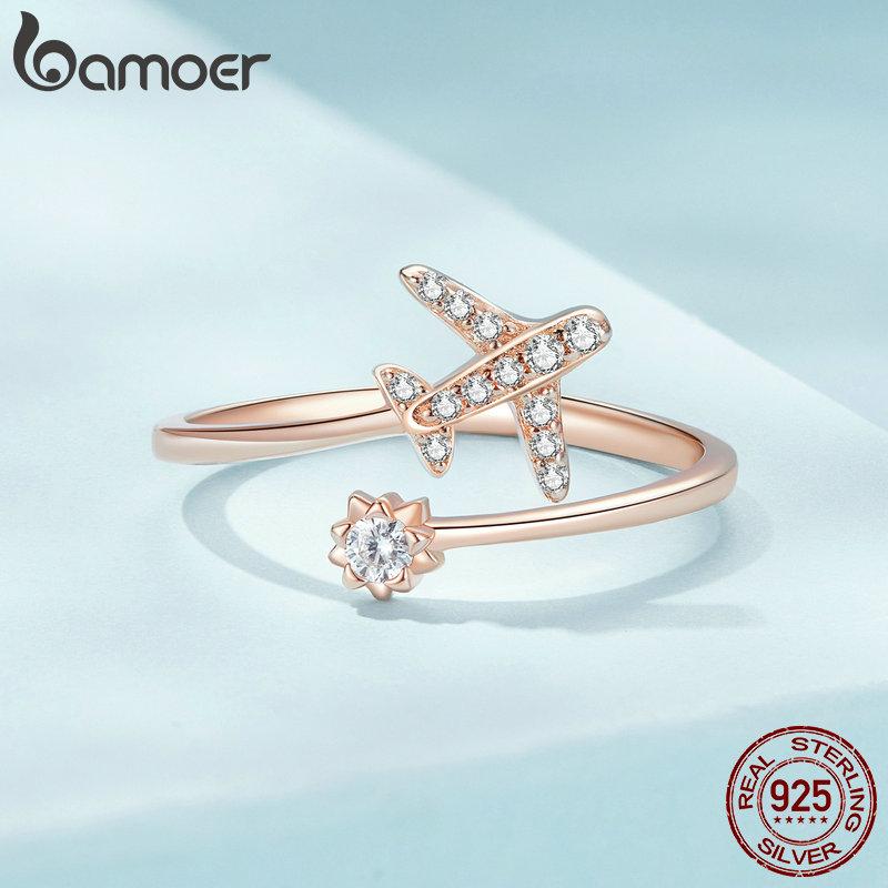 Bamoer из стерлингового серебра 925 пробы, летающий самолет, открытые кольца на палец для женщин, прозрачное регулируемое кольцо с CZ