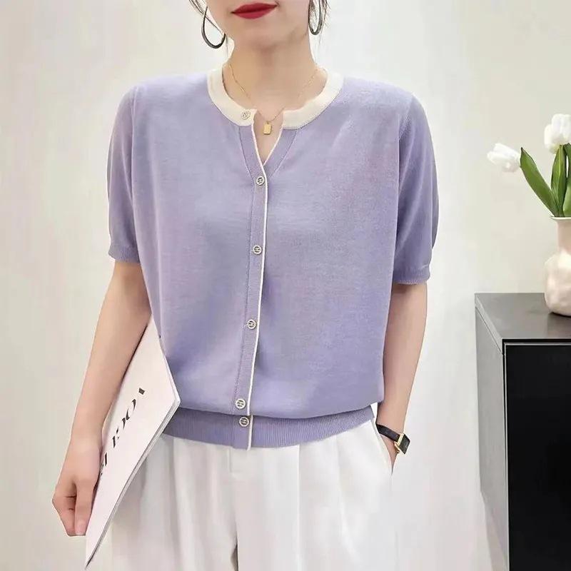 Новый стильный полосатый кардиган с V-образным вырезом - большой размер, свободный вязаный свитер с короткими рукавами