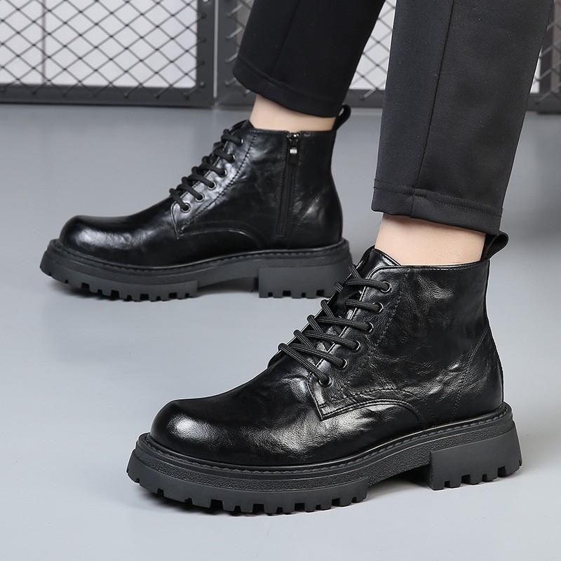 Модные мужские новые кожаные мотоциклетные ботинки из хлопка с толстой подошвой внутри, черные ботильоны с подъемом D550