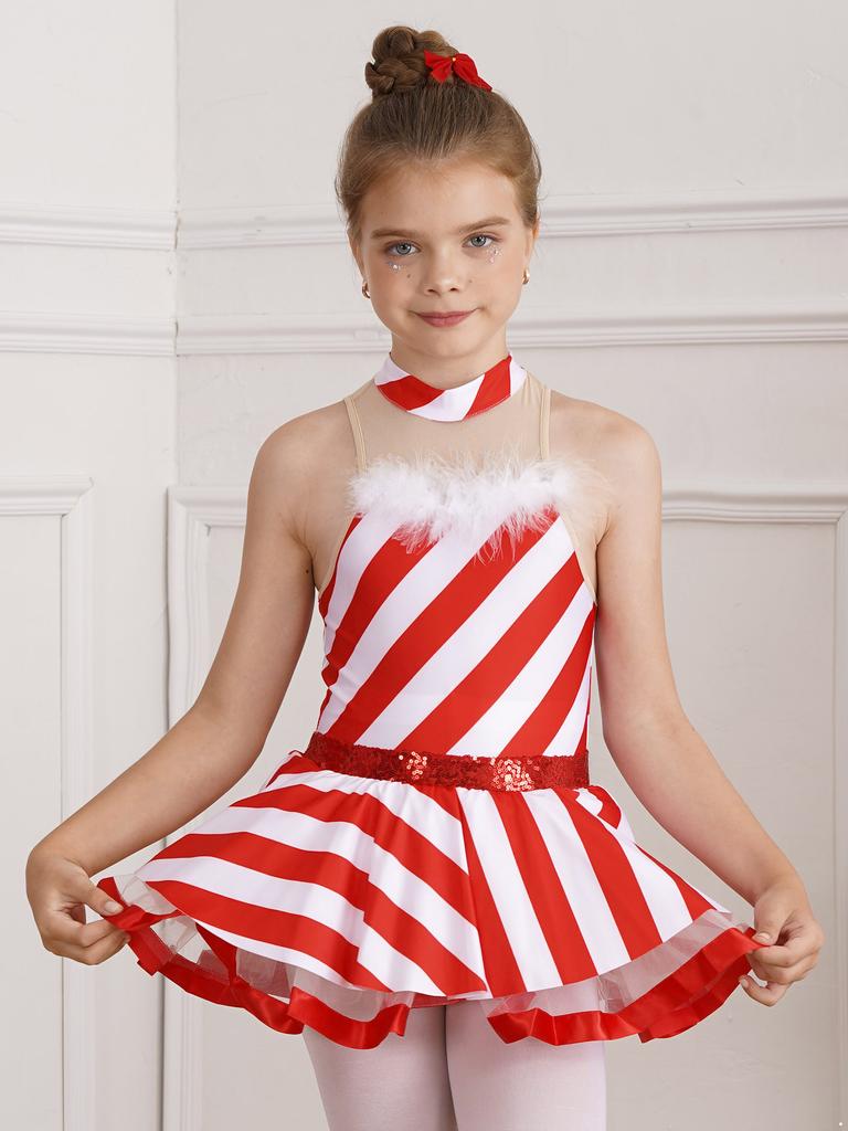 Дети Девочки Рождественский костюм миссис Санта Эльф конфетная трость сетка пэчворк полосатый купальник пачка платье принцесса балетные танцевальные наряды