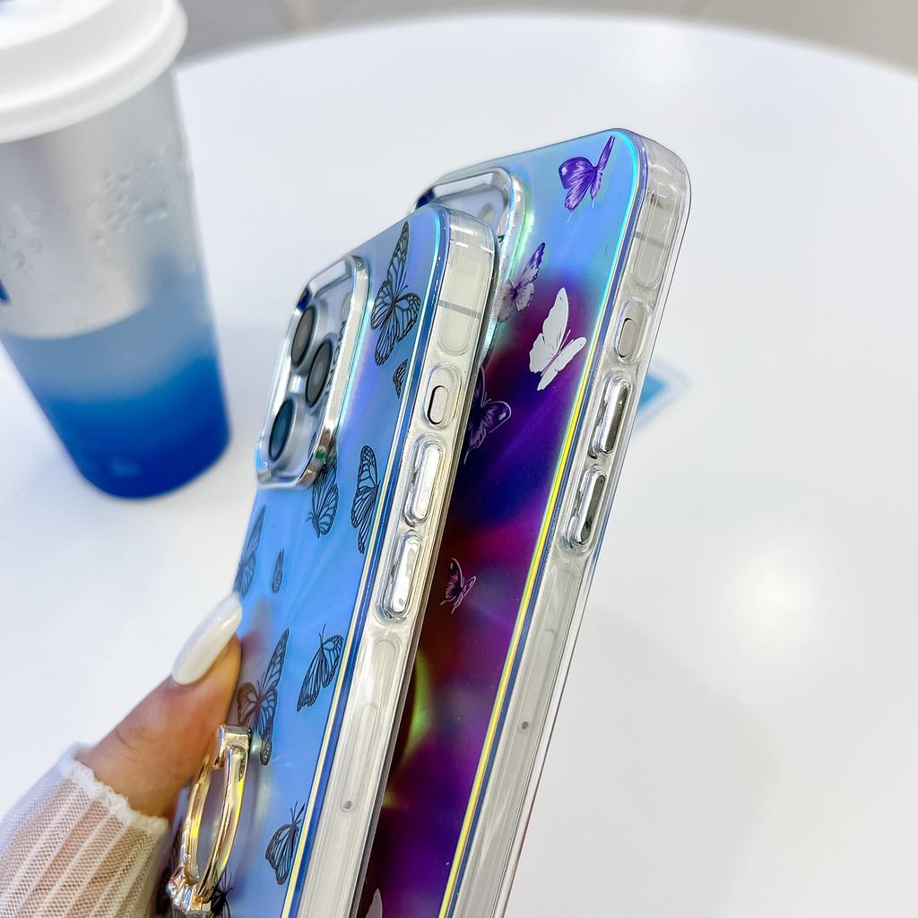 Чехол для iPhone 15 Pro с лазерной текстурой, гальваническим покрытием, узором в виде бабочки, кольцом-подставкой, чехлом для телефона