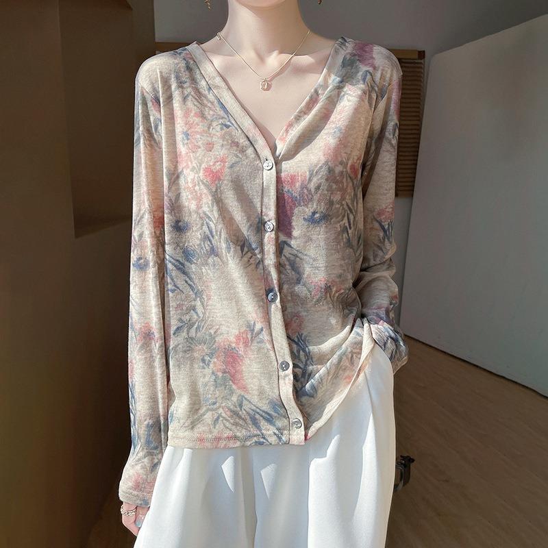 Женская рубашка Literary Ink Halo Dye Knit Shirt с V-образным вырезом, камвольно-тенсельным хлопком, солнцезащитным кремом, с длинными рукавами, на весну и лето